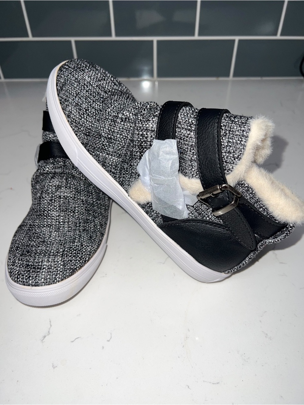 Kids Grey Tweed High-Top Sneakers with Faux Fur Lining